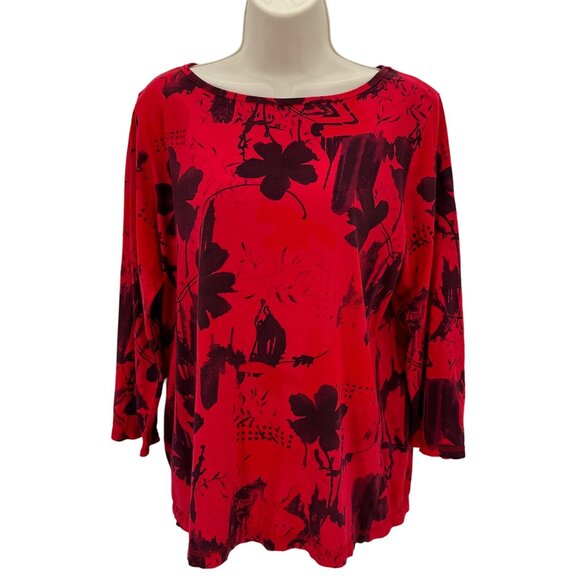 CMC Women Red Floral Print Round Neck 3/4 Sleeve Cotton Top Size L - Picture 1 of 6
